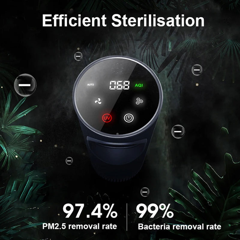 Fresobrex Car Air Purifier  on a dark background with leaves showing the sterilisation rate 
