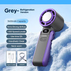 FrostoeByte Handheld Turbo Fan with specifications on a snowy background