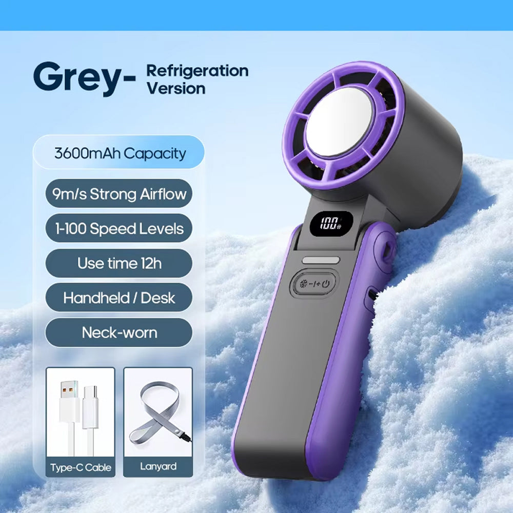FrostoeByte Handheld Turbo Fan with specifications on a snowy background