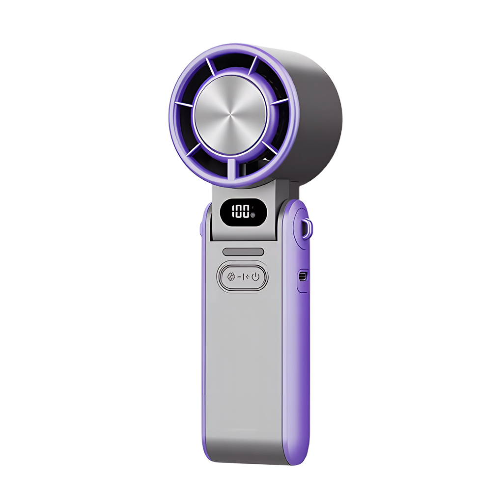 FrostoeByte Handheld Turbo Fan grey with purple accents on a white background