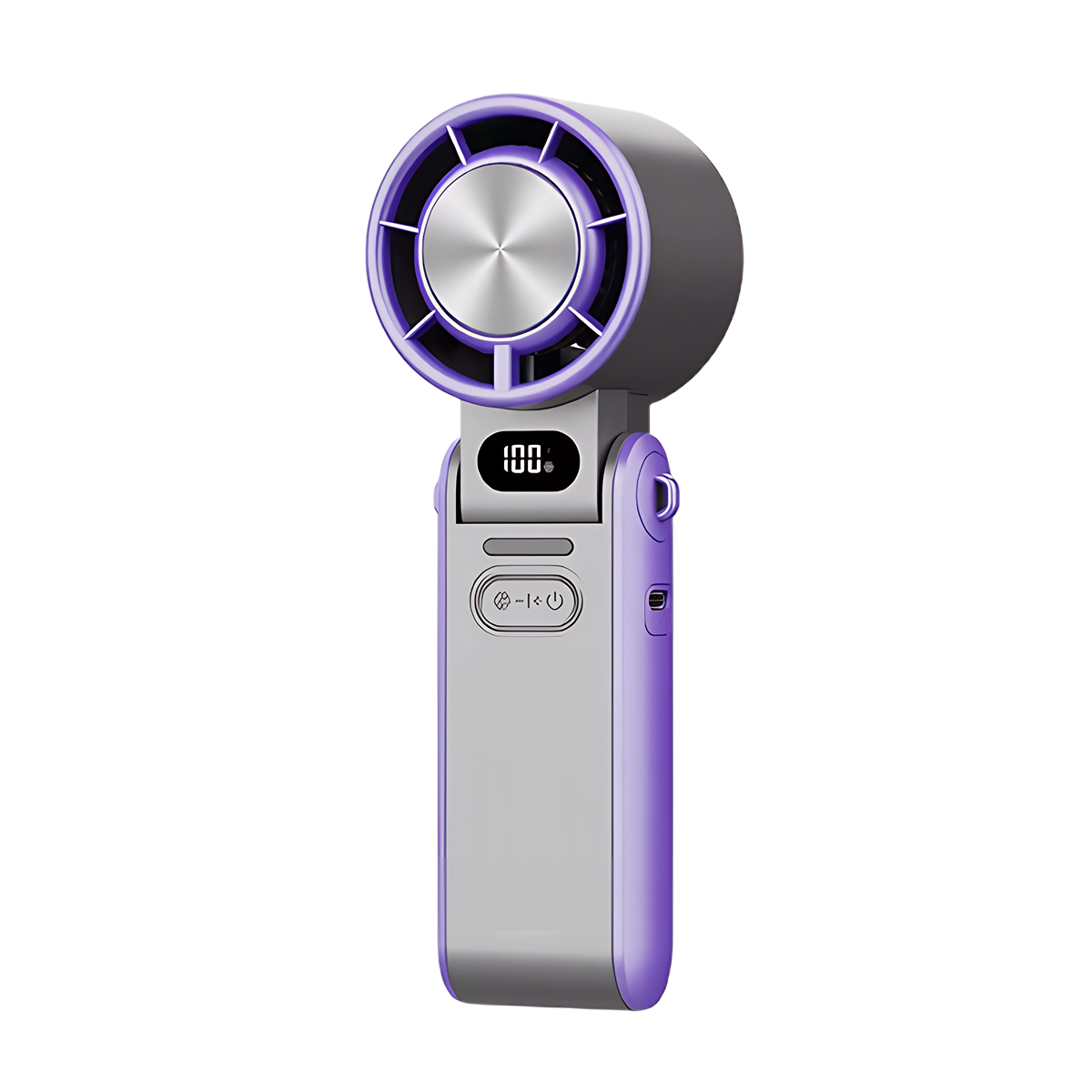 FrostoeByte Handheld Turbo Fan grey with purple accents on a white background