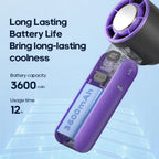 FrostoeByte Handheld Turbo Fan with battery capacity and usage time information on a light blue background
