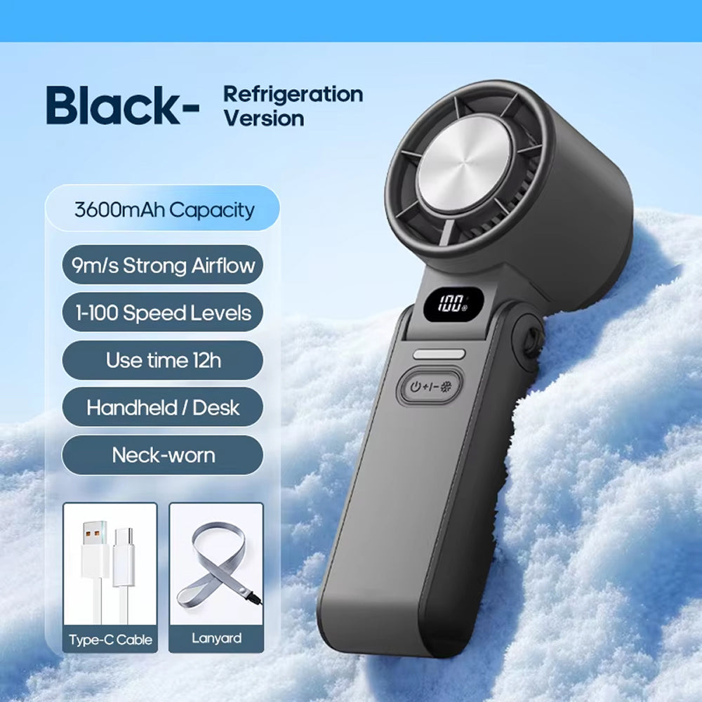 FrostoeByte Handheld Turbo Fan with features listed on a snowy background.