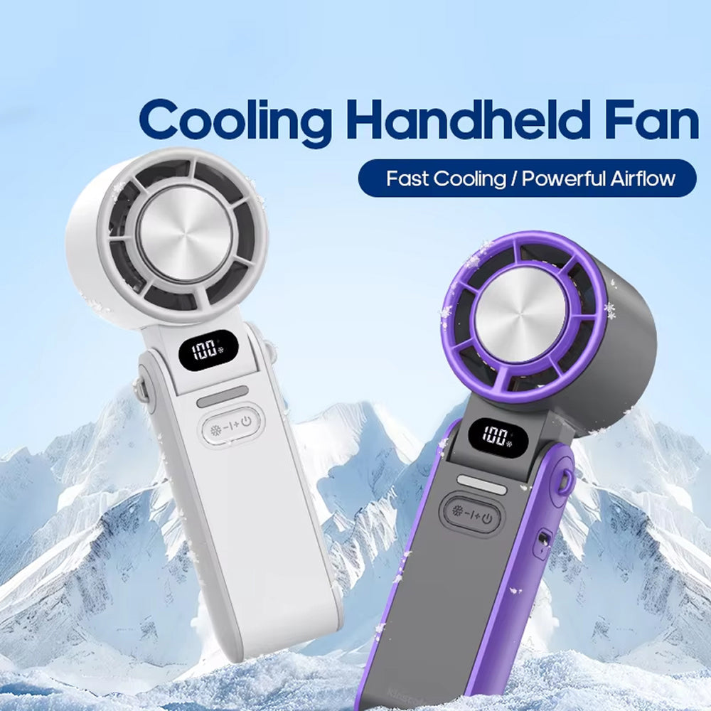 Two FrostoeByte Handheld Turbo Fans with digital displays against a mountainous background