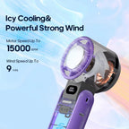FrostoeByte Handheld Turbo Fan with cooling and wind speed specifications on a light blue background