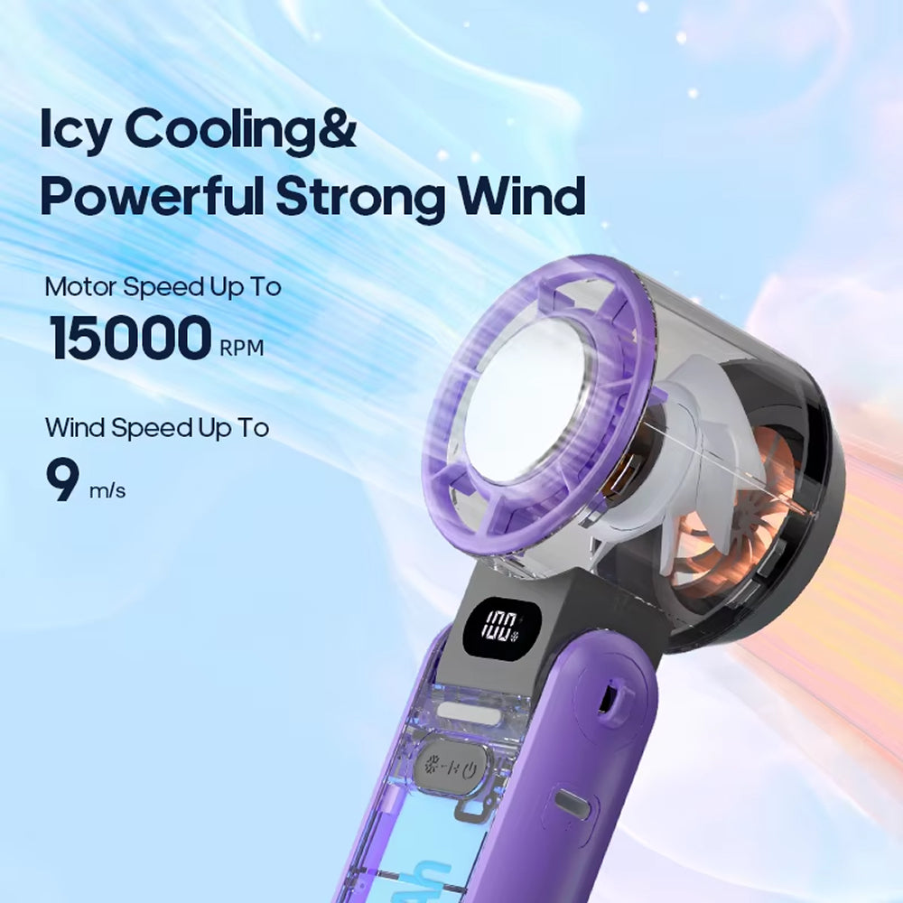FrostoeByte Handheld Turbo Fan with cooling and wind speed specifications on a light blue background