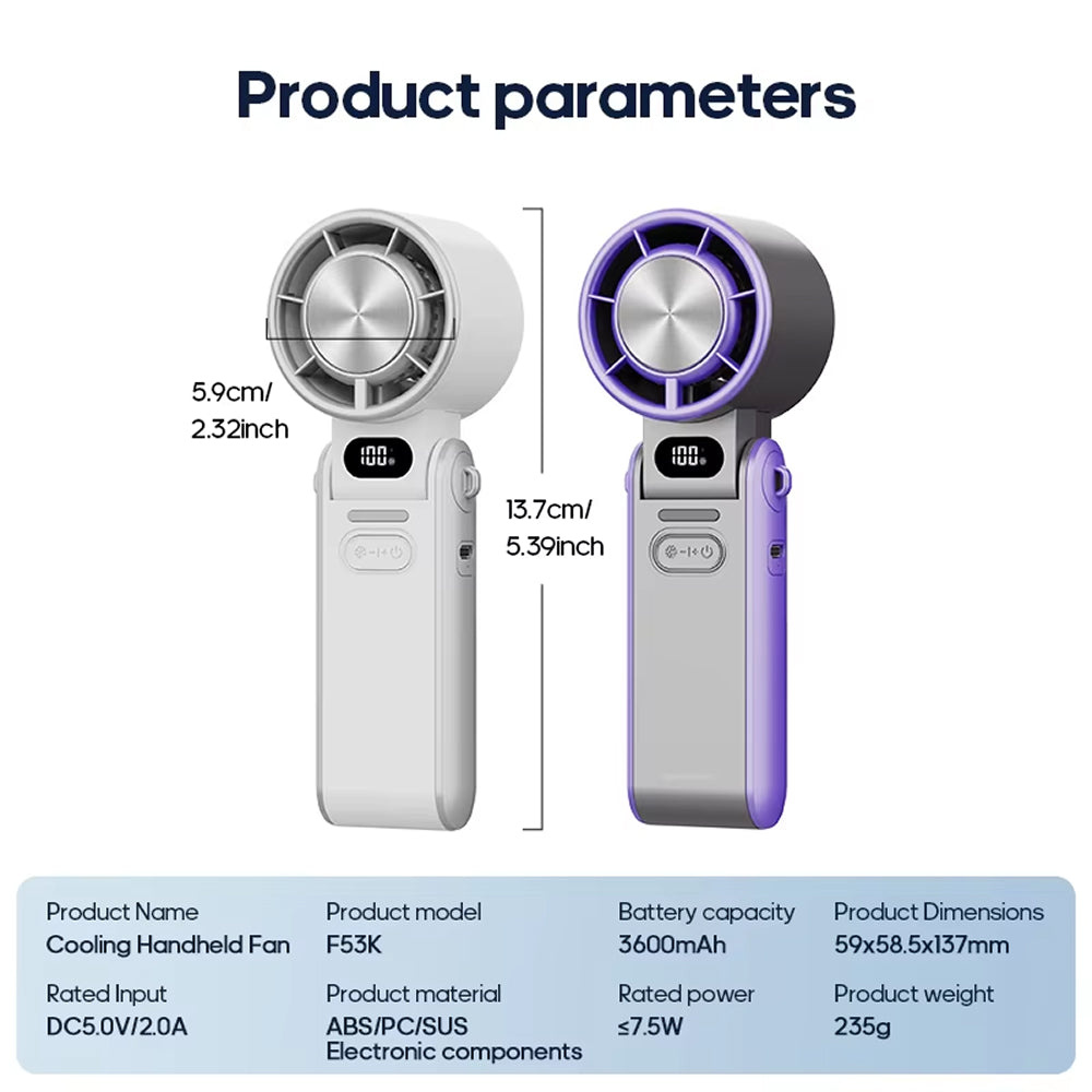Two FrostoeByte Handheld Turbo Fan, one white and one Grey, with product parameters displayed on a white background.