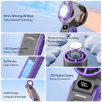FrostoeByte Handheld Turbo Fan with features highlighted on a blue background