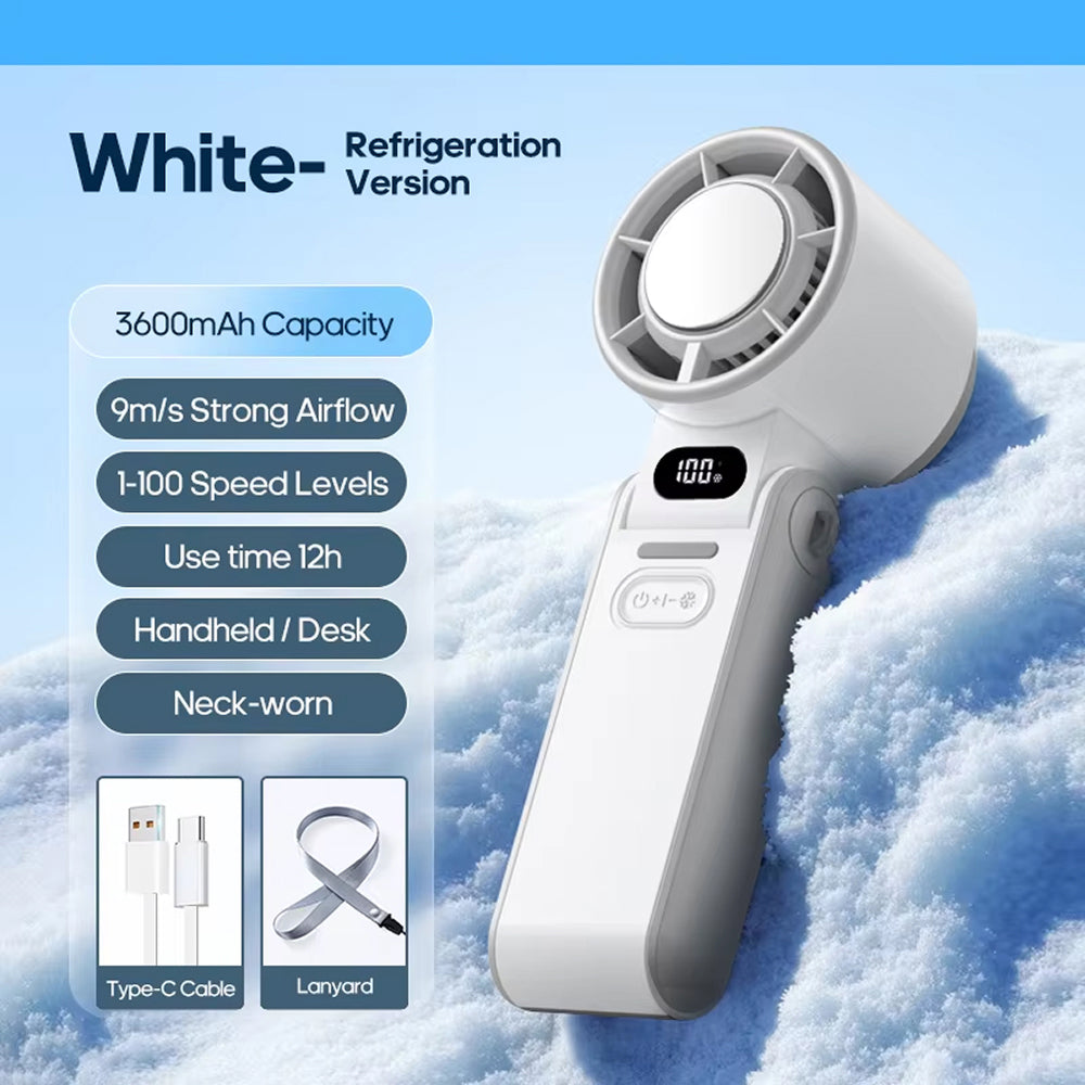 FrostoeByte Handheld Turbo Fan with features listed on a snowy background.