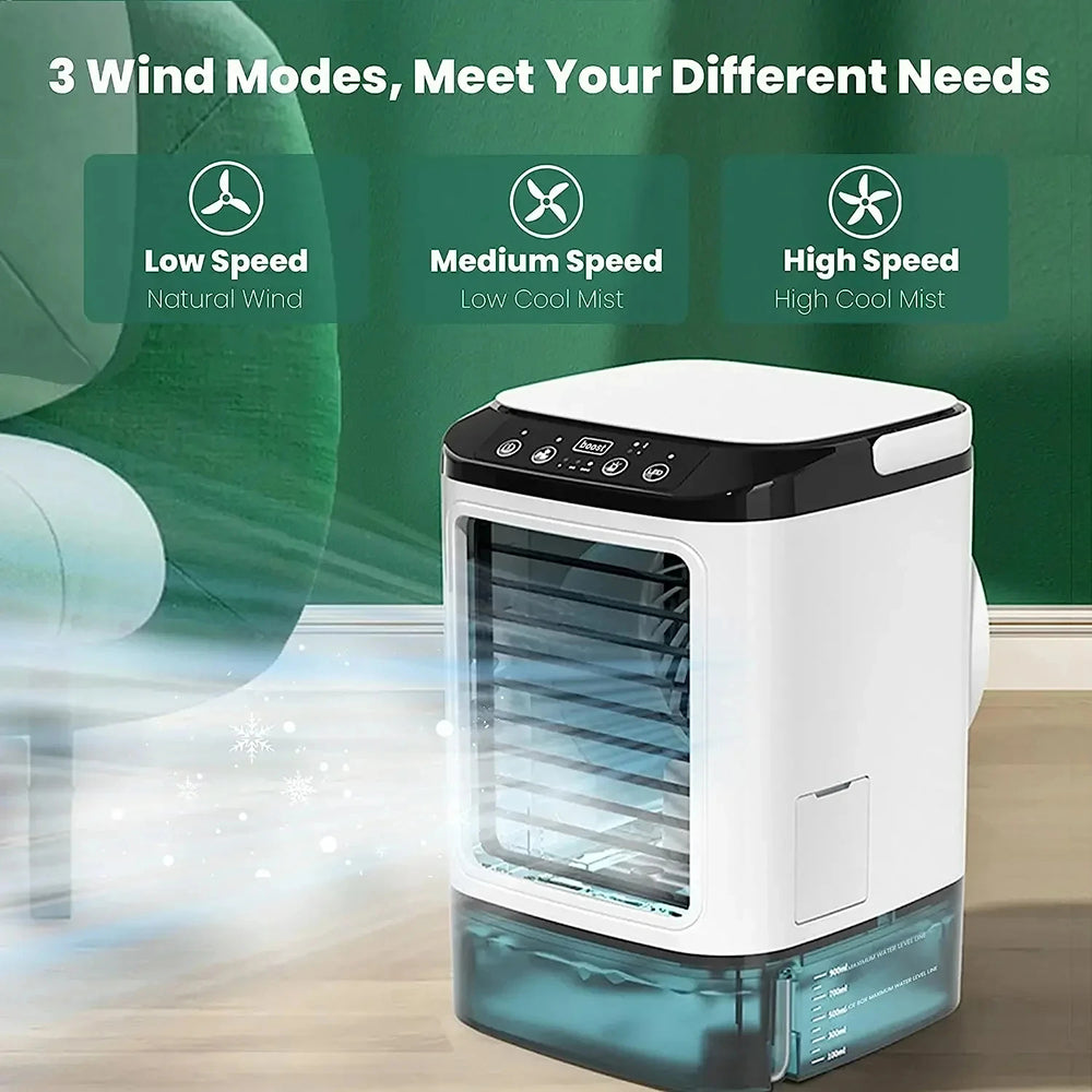 GlaciVyex Portable Air Conditioner with three wind mode indicators on a green background