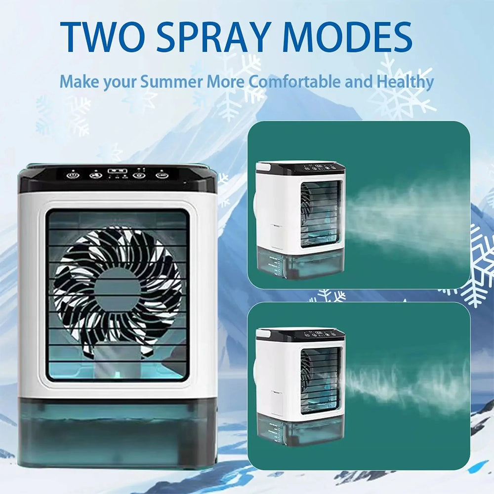 GlaciVyex Portable Air Conditioner with two spray modes on a blue background