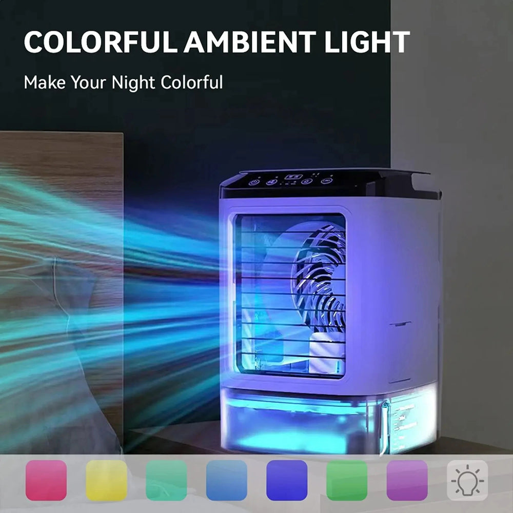 Colorful ambient light GlaciVyex Portable Air Conditioner with LED color options on a dark background