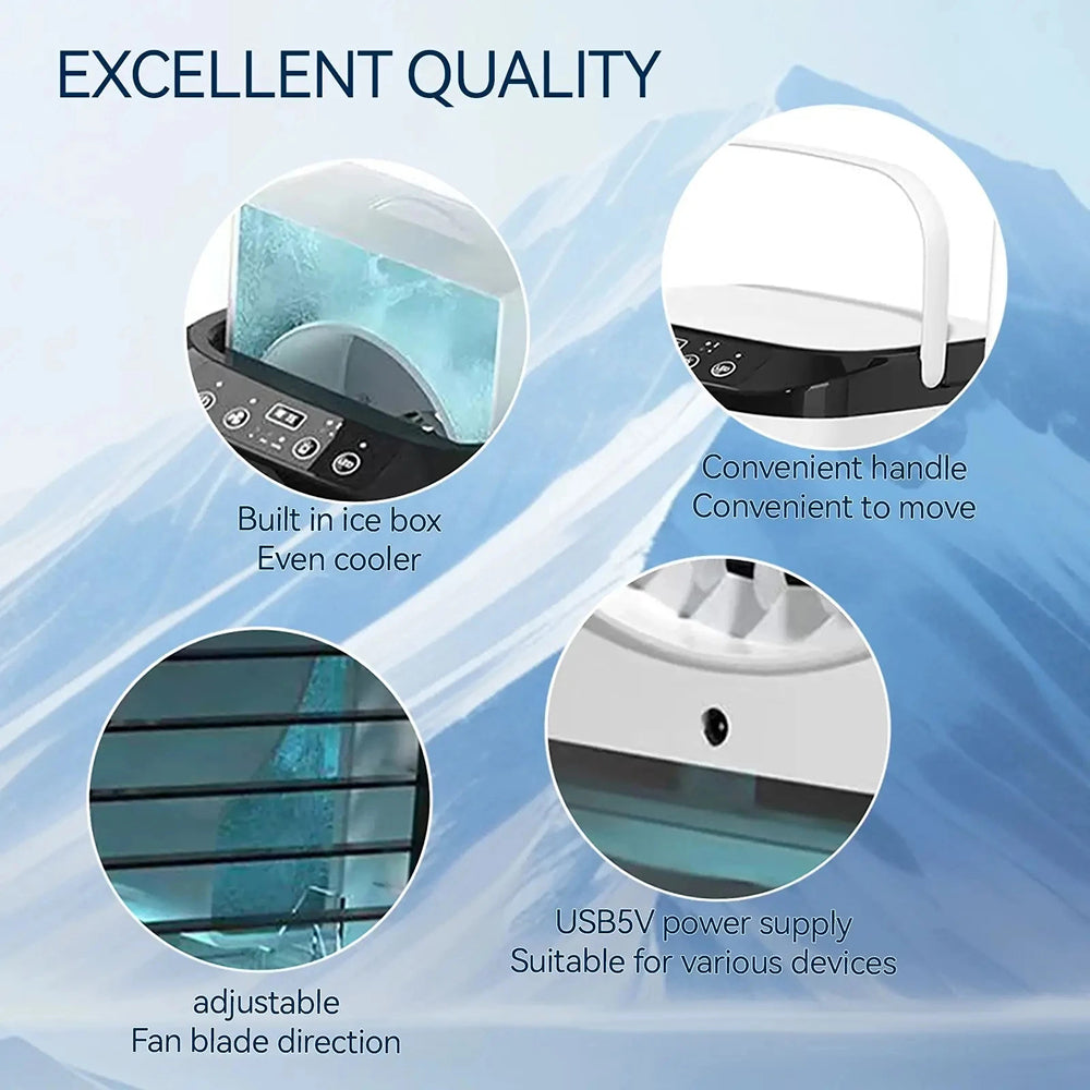 GlaciVyex Portable Air Conditioner features with text on a blue background