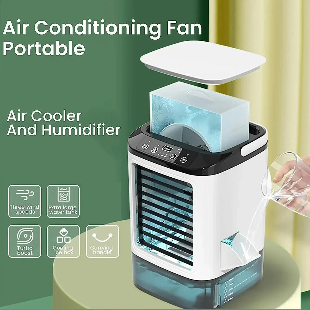 GlaciVyex Portable Air Conditioner with humidifier on a green background