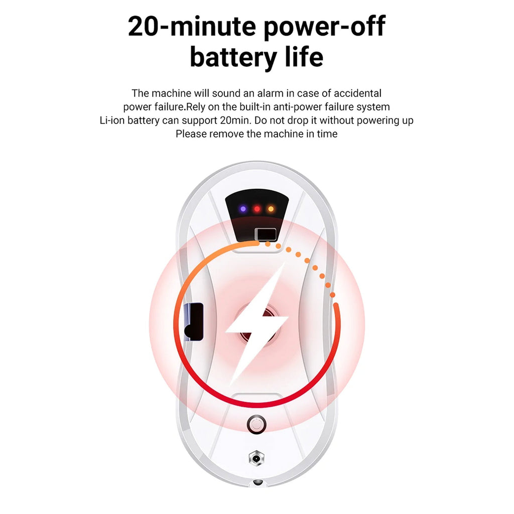 GlovaBoto Window Cleaning Robot with battery life indicator and text about 20-minute power-off battery life on a white background.