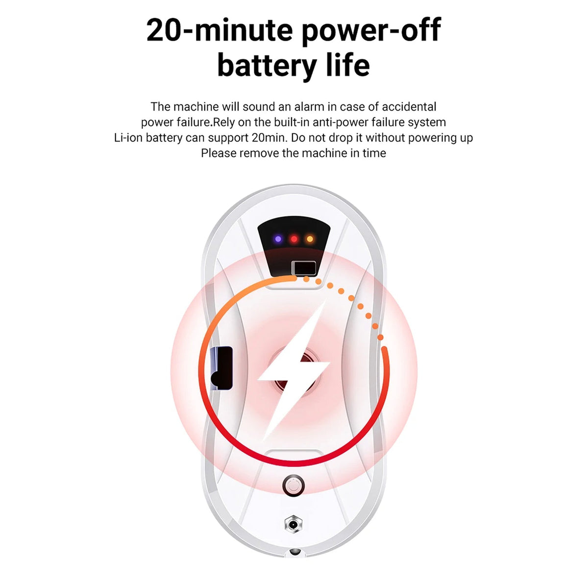 GlovaBoto Window Cleaning Robot with battery life indicator and text about 20-minute power-off battery life on a white background.