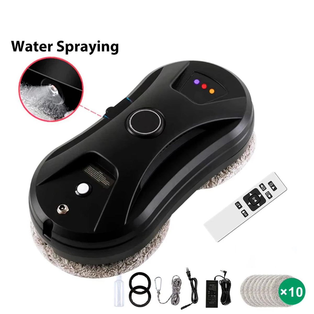 Black GlovaBoto Window Cleaning Robot with water spraying feature and accessories on a white background