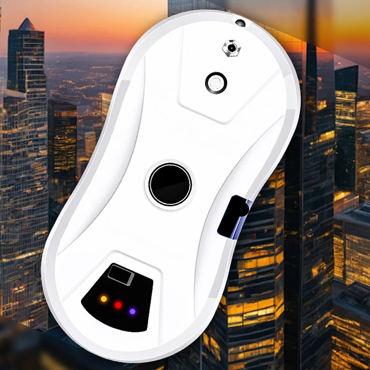 White GlovaBoto Window Cleaning Robot with buttons against a cityscape background