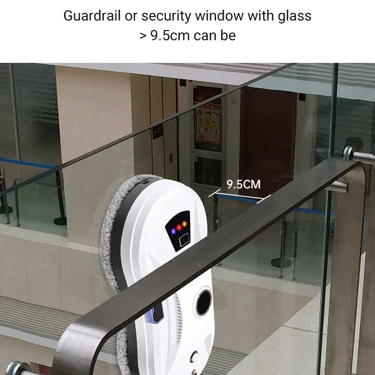 GlovaBoto Window Cleaning Robot a glass railing with text indicating glass thickness requirement.