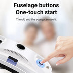 Hand pressing a button on GlovaBoto Window Cleaning Robot with text about fuselage buttons and one-touch start.