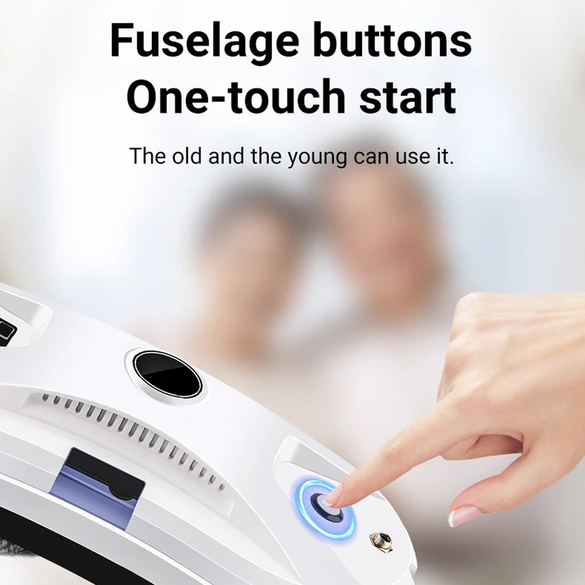 Hand pressing a button on GlovaBoto Window Cleaning Robot with text about fuselage buttons and one-touch start.