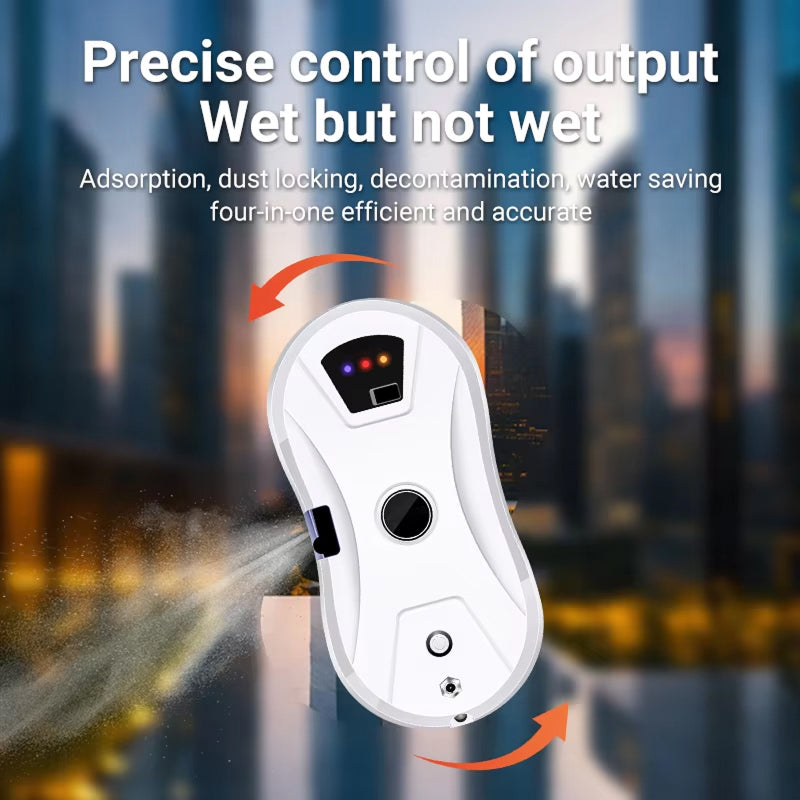 White GlovaBoto Window Cleaning Robot with steam output against a blurred cityscape background, featuring text about its functions.