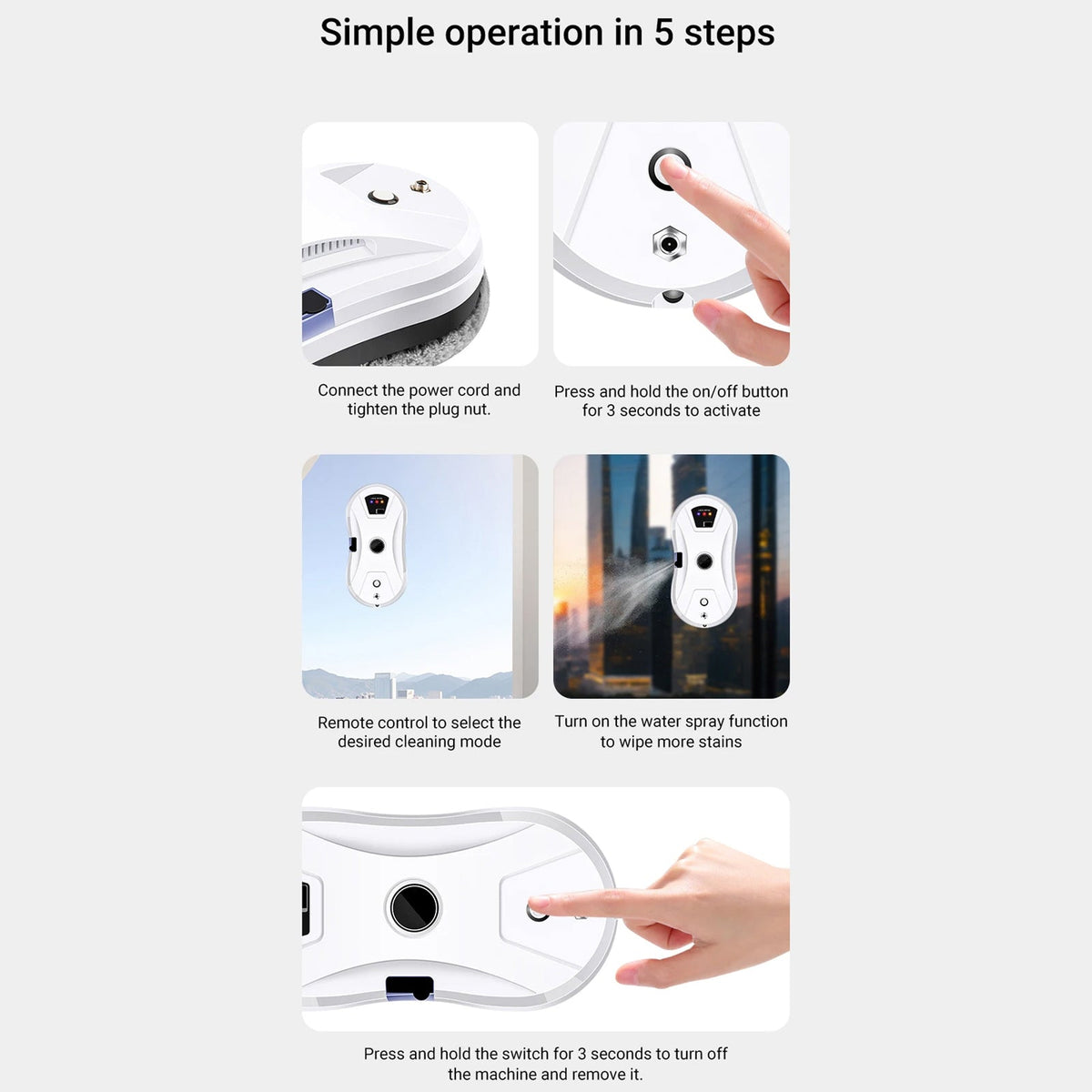 Step-by-step guide on how to operate a GlovaBoto Window Cleaning Robot with text and images.