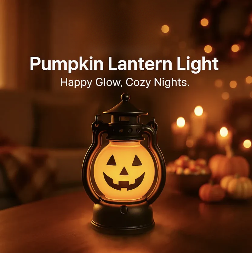 A GlowiJack Cordless LED Interchangeable Jack O Lantern light on a wooden table in a cozy, warmly lit room with candles and pumpkins in the background. Text at the top reads 'Pumpkin Lantern Light' and 'Happy Glow, Cozy Nights.