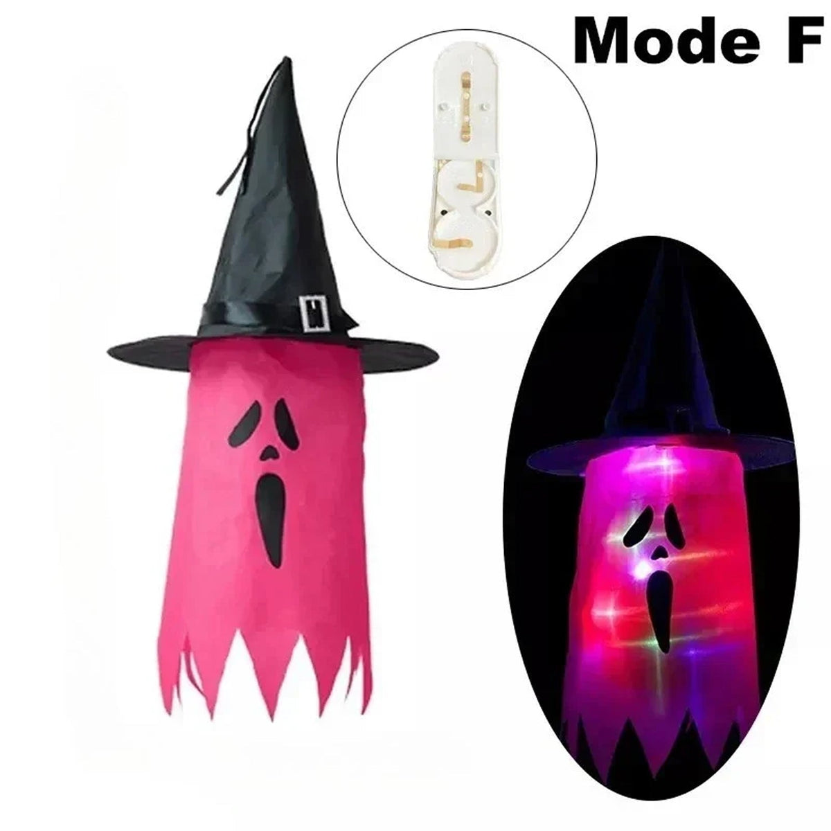 HexWitchi Jack O Lantern with witch hat, glowing in pink and purple, on a white background.