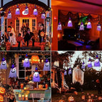 A four-panel collage showing HexWitchi Jack O Lantern hanging in different real-world settings: a decorated front porch with children, a dim living room, a patio table setup, and a yard with pumpkins and a ghost figure.