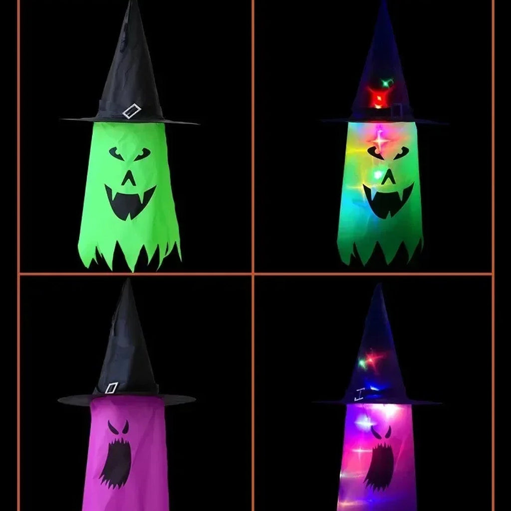 Four views of HexWitchi Jack O Lantern with a black witch hat, shown in three body colors (green, multicolor, and pink) with and without lights on, set against a black background.