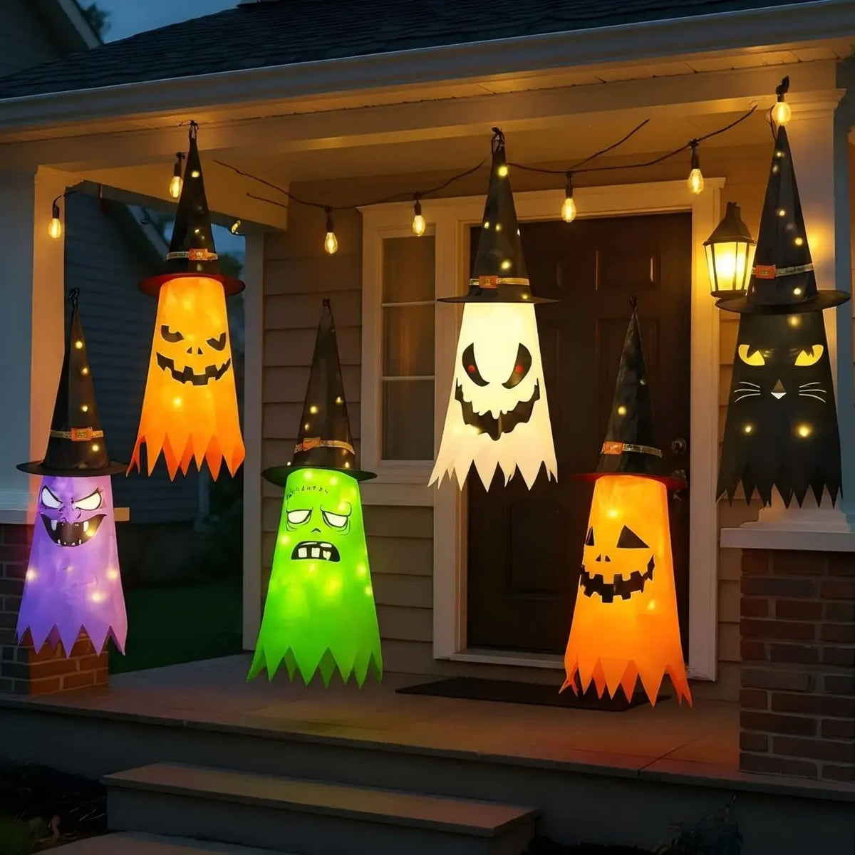 HexWitchi Jack O Lantern on a house porch with glowing lights and colorful faces.