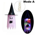 A HexWitchi Jack O Lantern with a black pointed witch hat and glowing multicolor LED lights, shown alongside an inset of the unlit product and the text 'Mode A' on a white background.