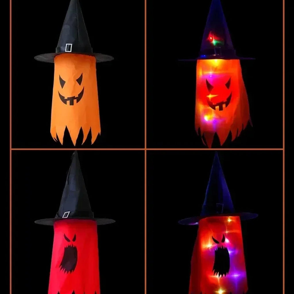 Four views of a HexWitchi Jack O Lantern shaped like a witch hat with a jack-o'-lantern face, shown glowing in orange, red, and multicolor light on a black background.