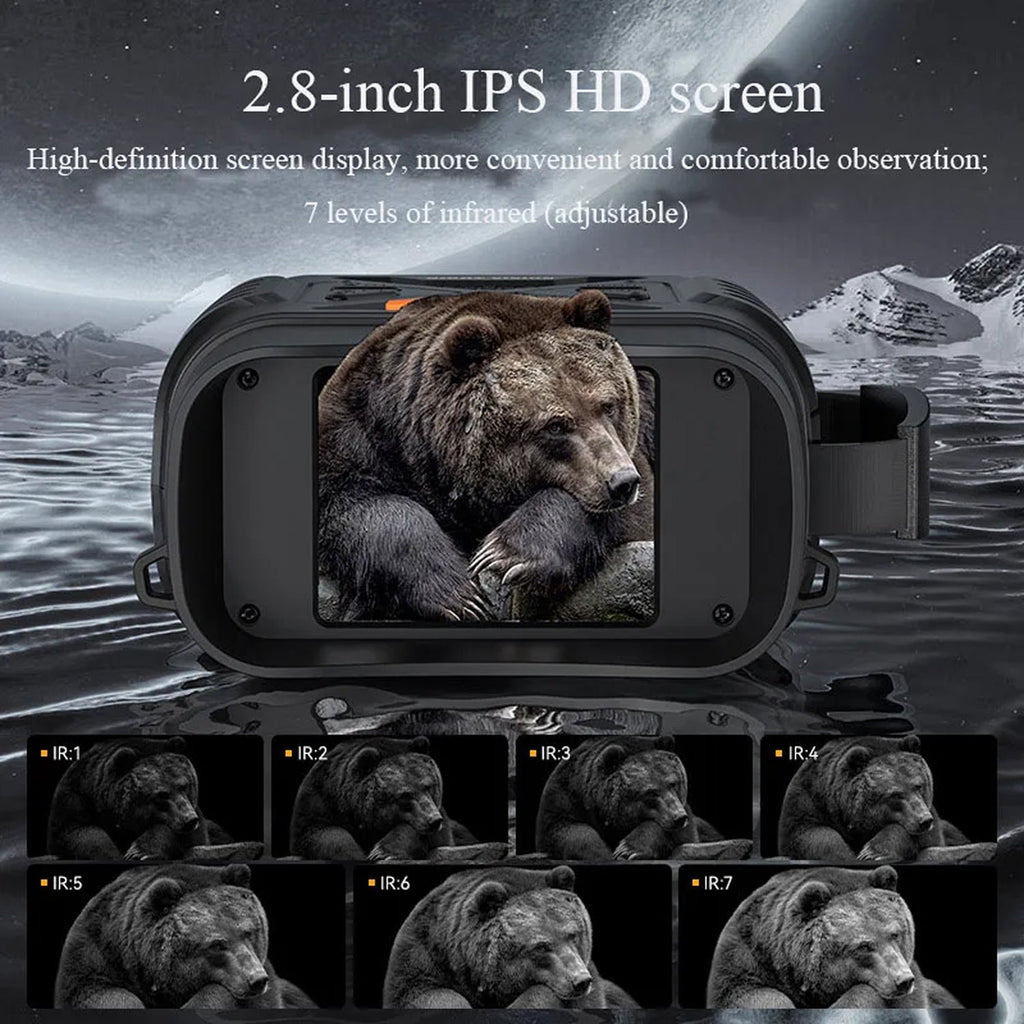 Hutedark Infrared Binoculars with 2.8-inch IPS HD screen displaying a bear, set against a mountain and water background.