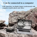 Laptop displaying a deer image on a rocky landscape with text about USB connection and computer display connected with the Hutedark Infrared Binoculars