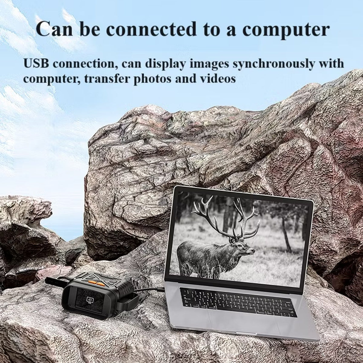 Laptop displaying a deer image on a rocky landscape with text about USB connection and computer display connected with the Hutedark Infrared Binoculars