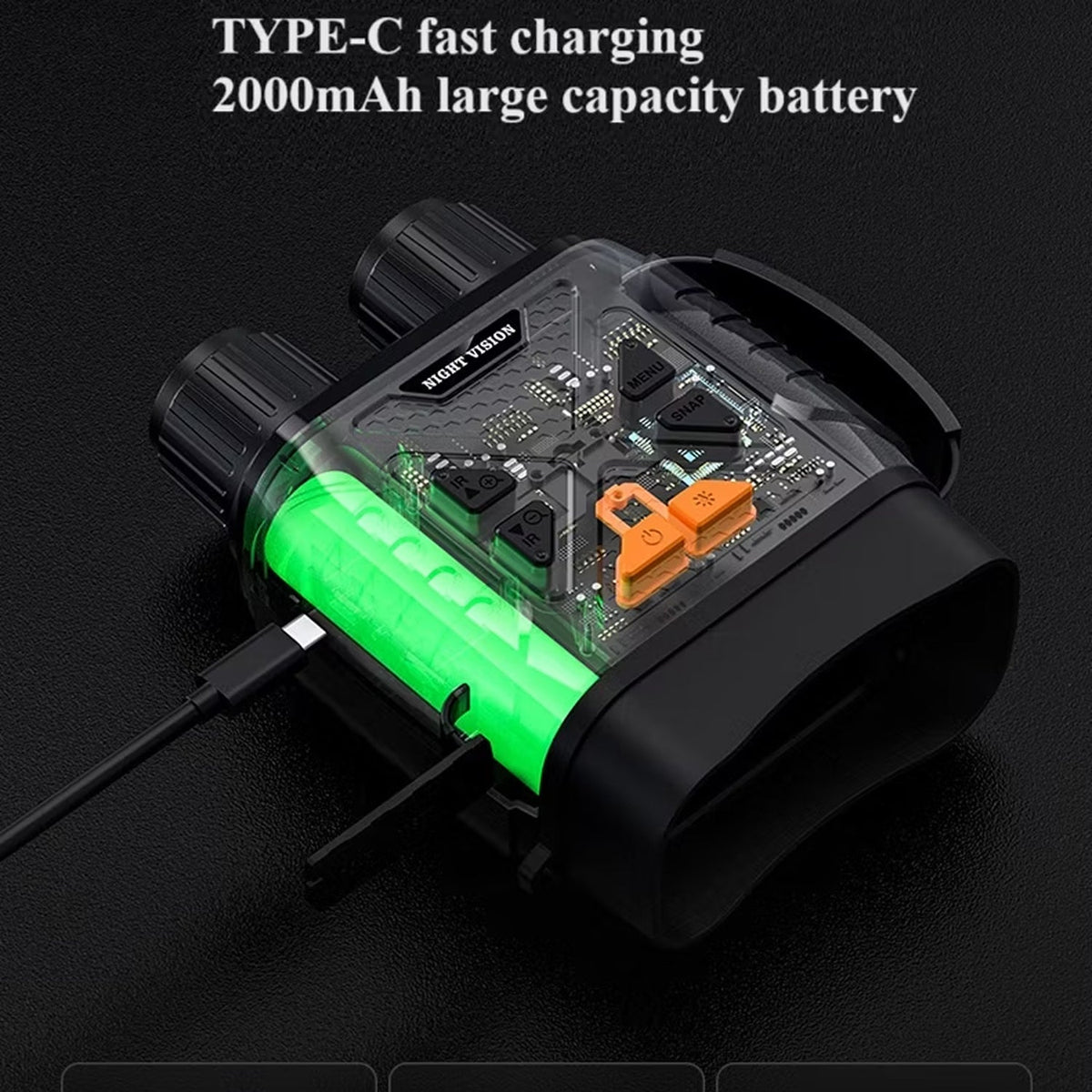 Close-up of a Hutedark Infrared Binoculars with a green light and text about TYPE-C fast charging and 2000mAh battery capacity on a black background.