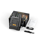 Hutedark Infrared Binoculars with packaging, USB cable, and user manual on a white background
