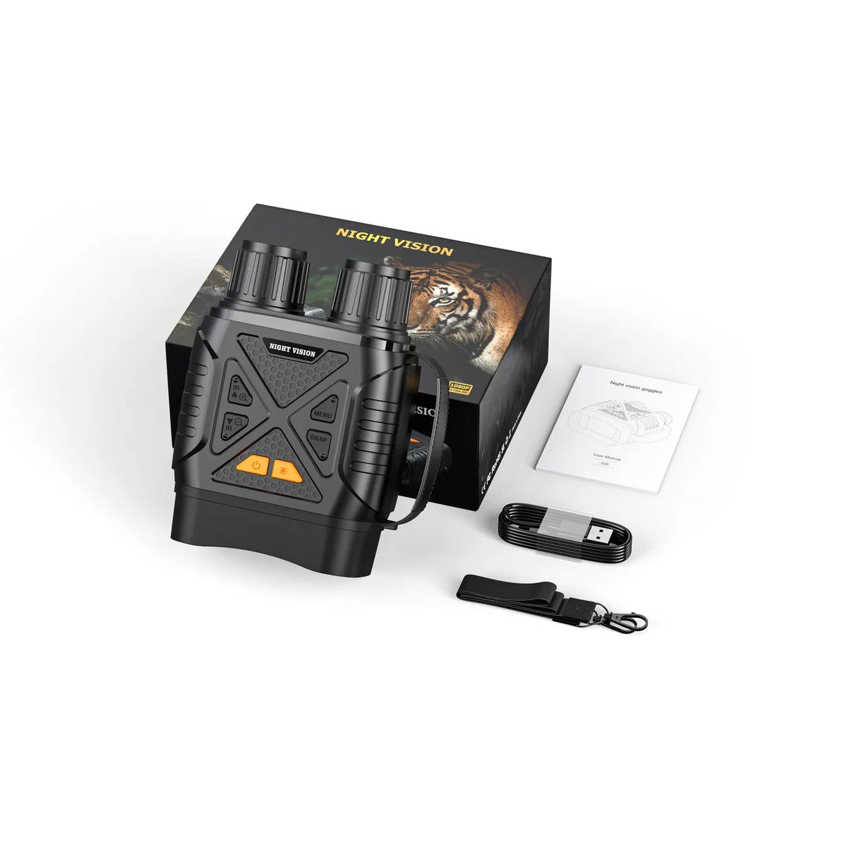 Hutedark Infrared Binoculars with packaging, USB cable, and user manual on a white background