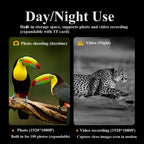 Two toucans on a branch with text about camera features and a leopard in black and white showing different usage of the Hutedark Infrared Binoculars