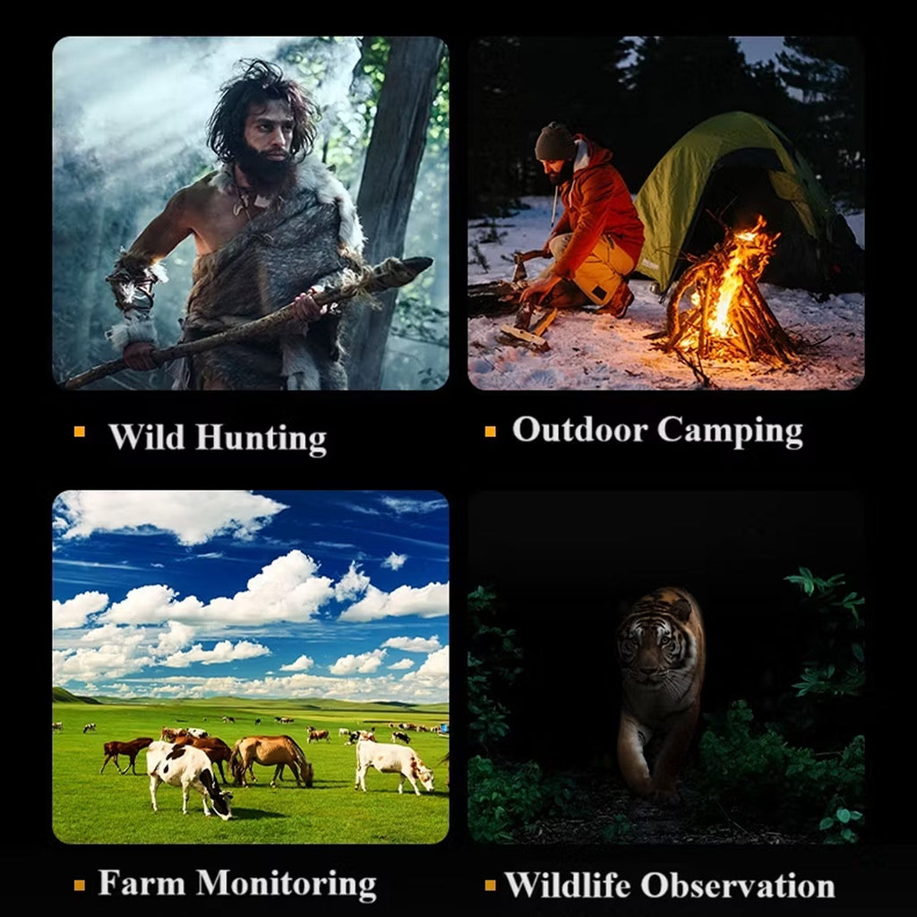 Collage of images labeled 'Wild Hunting', 'Outdoor Camping', 'Farm Monitoring', and 'Wildlife Observation' showing different use of the Hutedark Infrared Binoculars