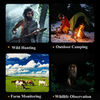 Collage of images labeled 'Wild Hunting', 'Outdoor Camping', 'Farm Monitoring', and 'Wildlife Observation' showing different use of the Hutedark Infrared Binoculars
