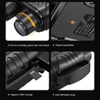 Camera lens with focus ring, tripod mount, storage support, and anti-fall hand strap on a black background. all Hutedark Infrared Binoculars features