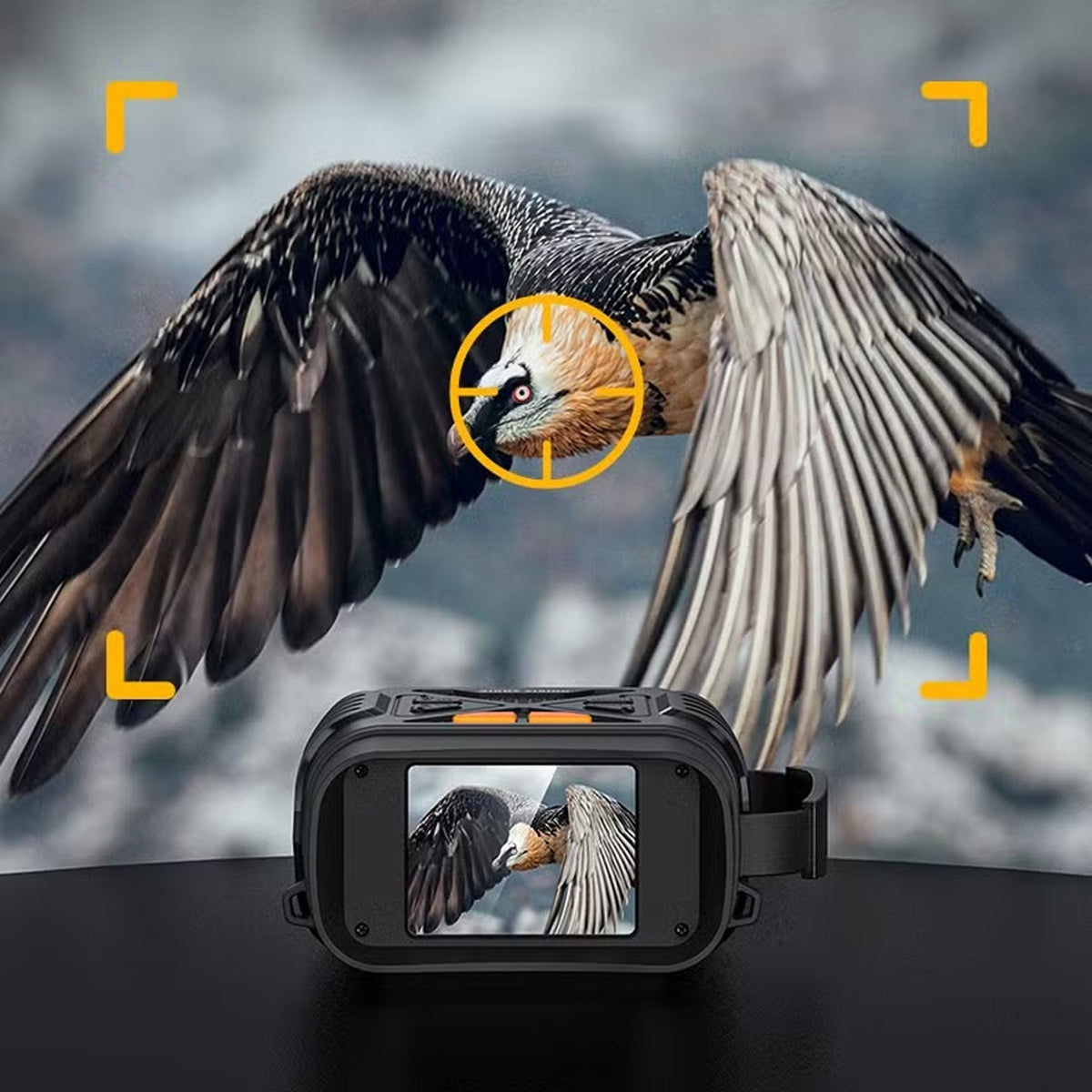 Bird of prey with a Hutedark Infrared Binoculars displaying its image, set against a blurred natural background.