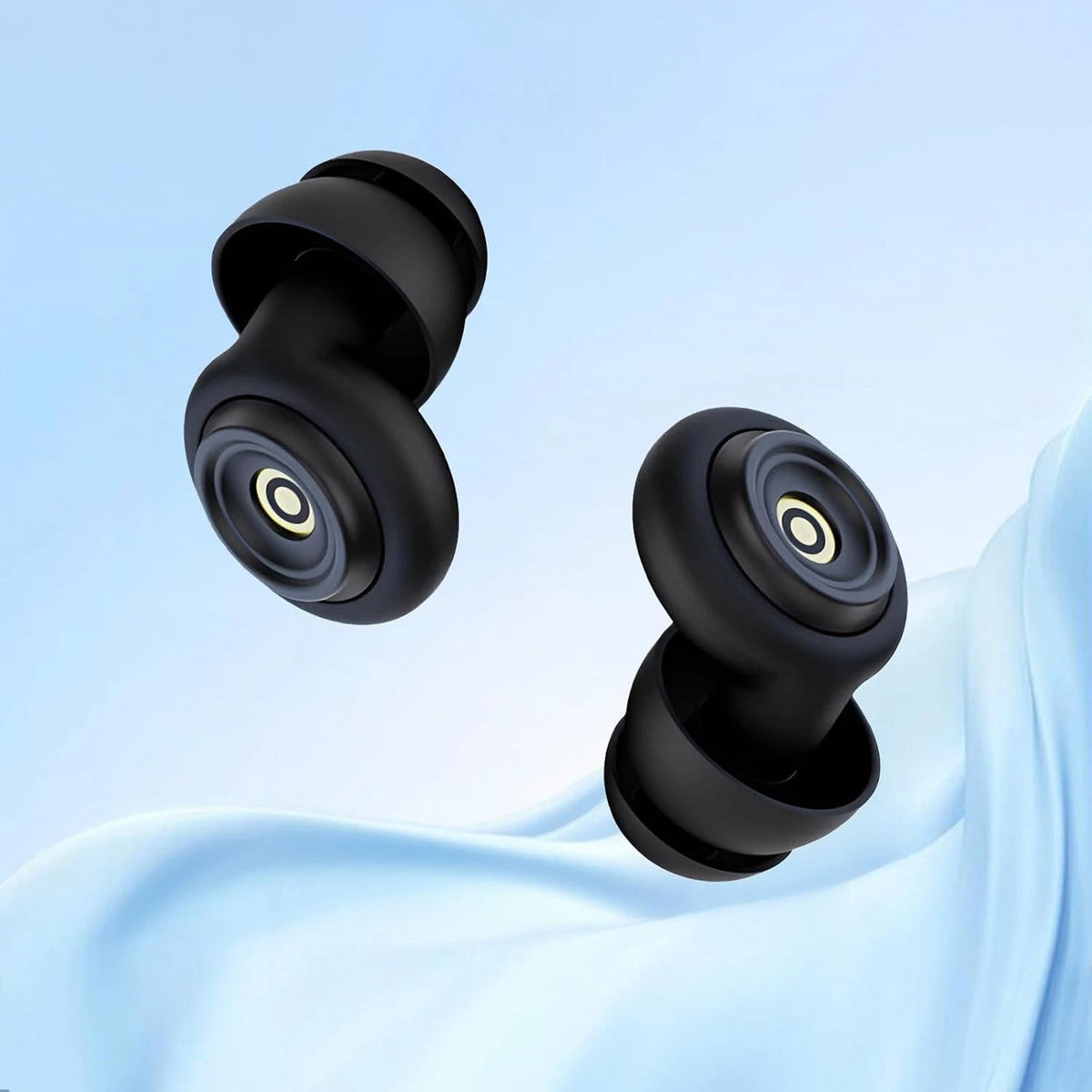 Black HuziNite Earplugs on a light blue background