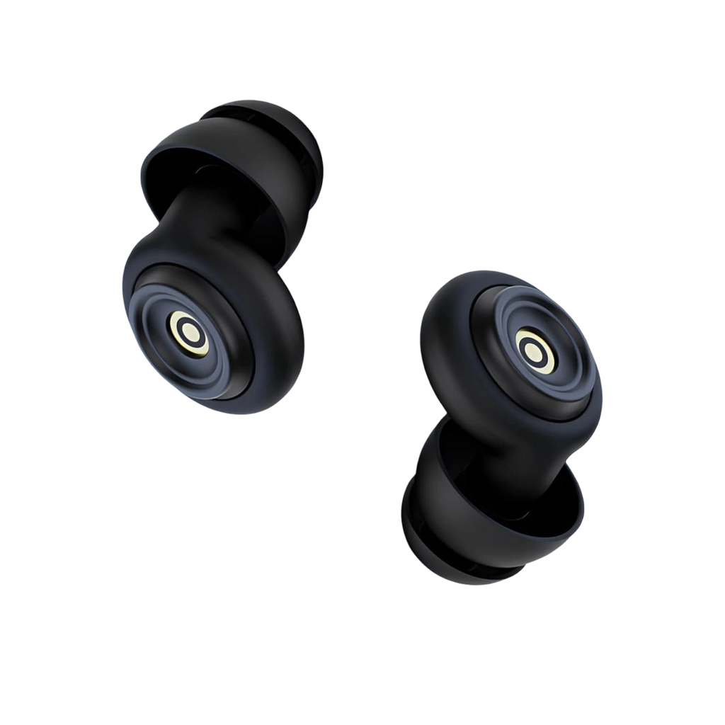 Black wireless earbuds on a white background