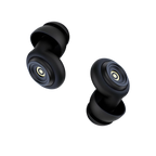 Black wireless earbuds on a white background