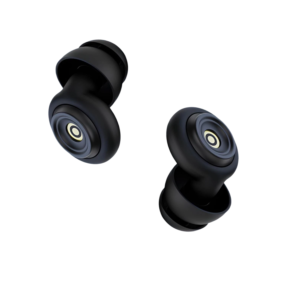 Black wireless earbuds on a white background