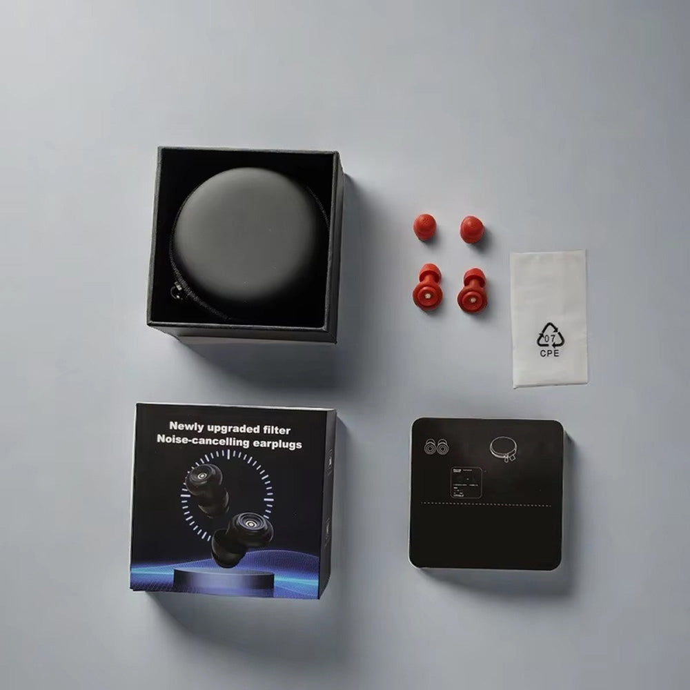 HuziNite Earplugs packaging with earplugs and filter on a gray background